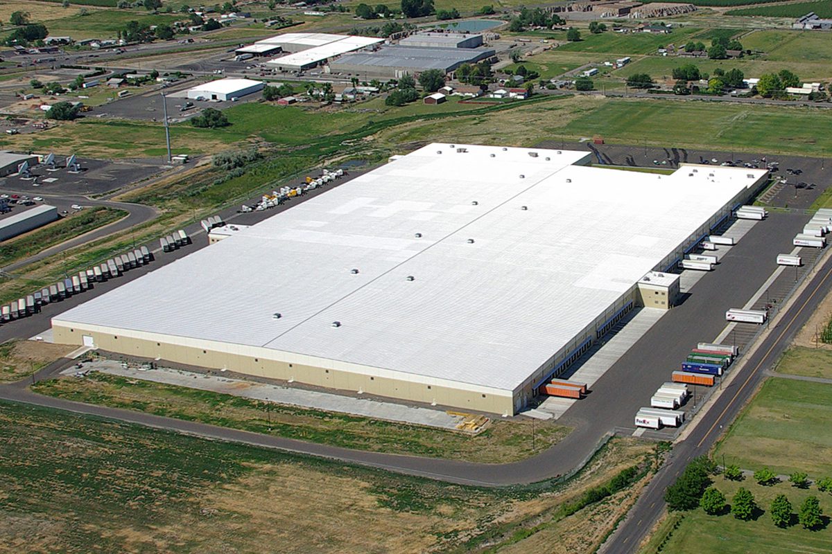 an aerial view of a warehouse